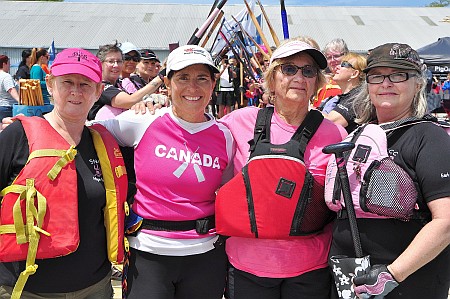 Two members of the BCS "Hope Floats" team, plus our very own Estelle and Myra.  Taken at the cancer survivor ceremony at the St Catharines regatta, which happened to fall on the 20th anniversay of the first BCS team in Vancouver.
