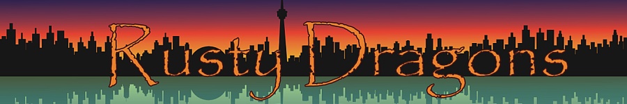 Rusty Dragons logo - view of Toronto skyline in black silhouette, with orange sky and blue water.