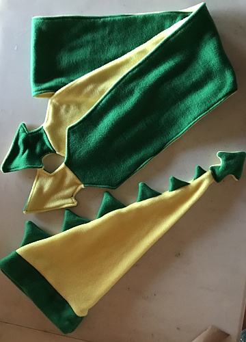 Picture of green and yellow felt dragon hat and scarf