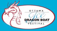 Official logo for Ottawa Ice Dragon Boat Festival - white oval with blue outside background, and dragon picture in red outlines.  This links to official website for organizers.